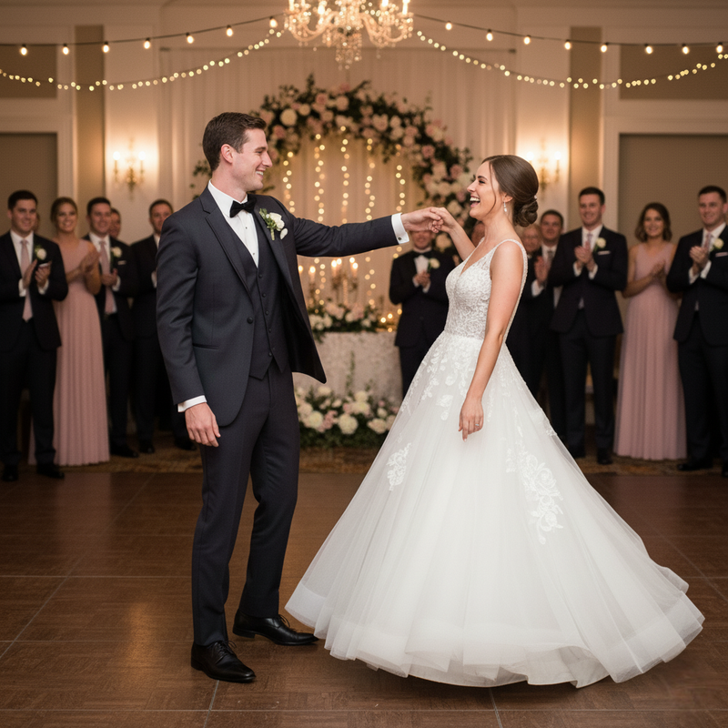 Mire dansând fericit alături de mireasă, purtând un costum de nuntă la comandă, elegant și confortabil.