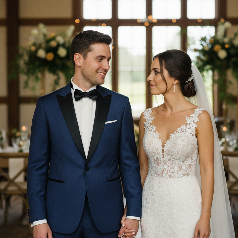 Mire și mireasă la petrecerea nunții, el purtând un tuxedo albastru modern, made-to-measure, de la INSIGNUM.