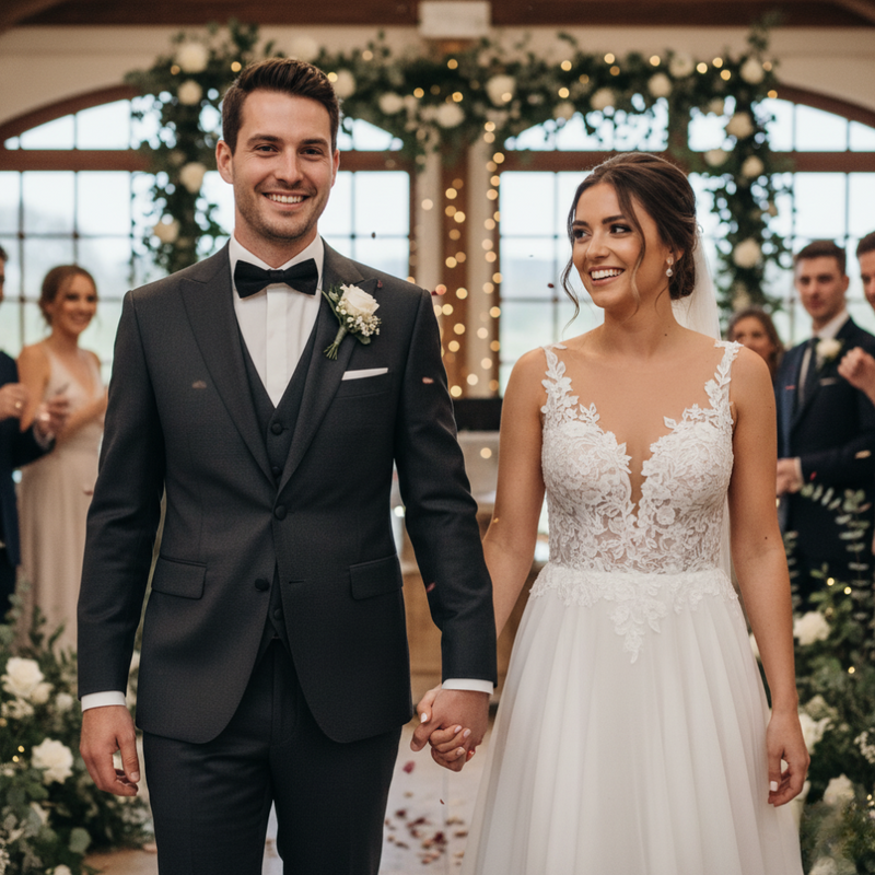 Mire elegant în costum de nuntă gri închis, made-to-measure, la altar, un moment cheie al ceremoniei.