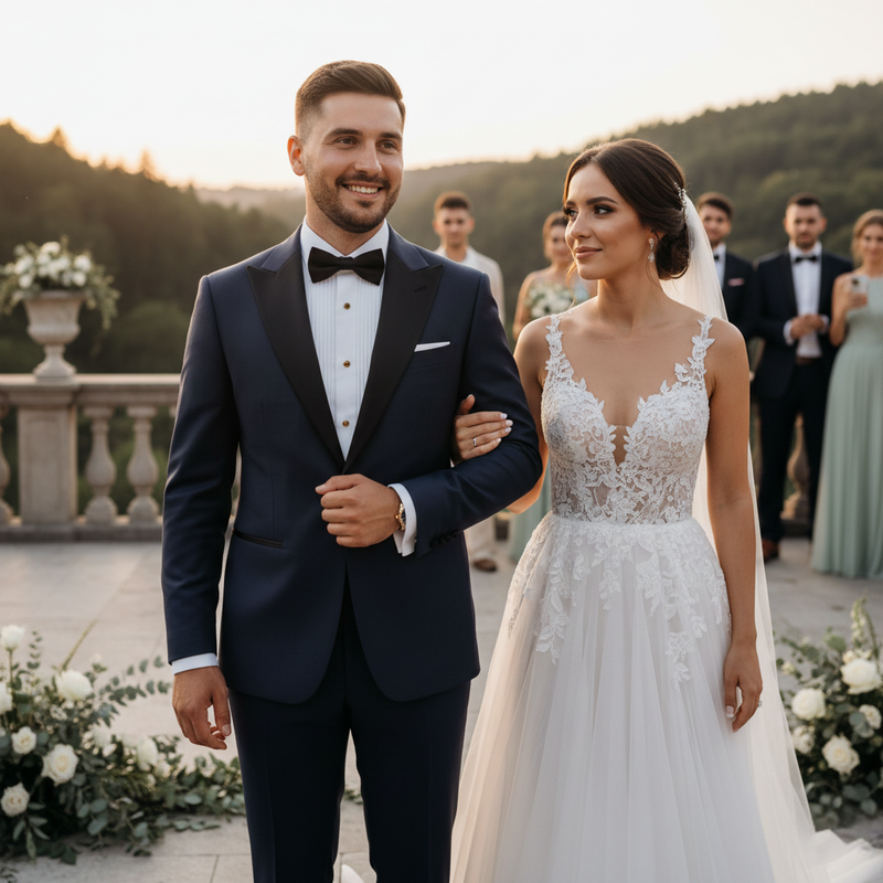 Mire în tuxedo bleumarin la comandă, alături de mireasă, o alegere modernă pentru un costum de ceremonie.