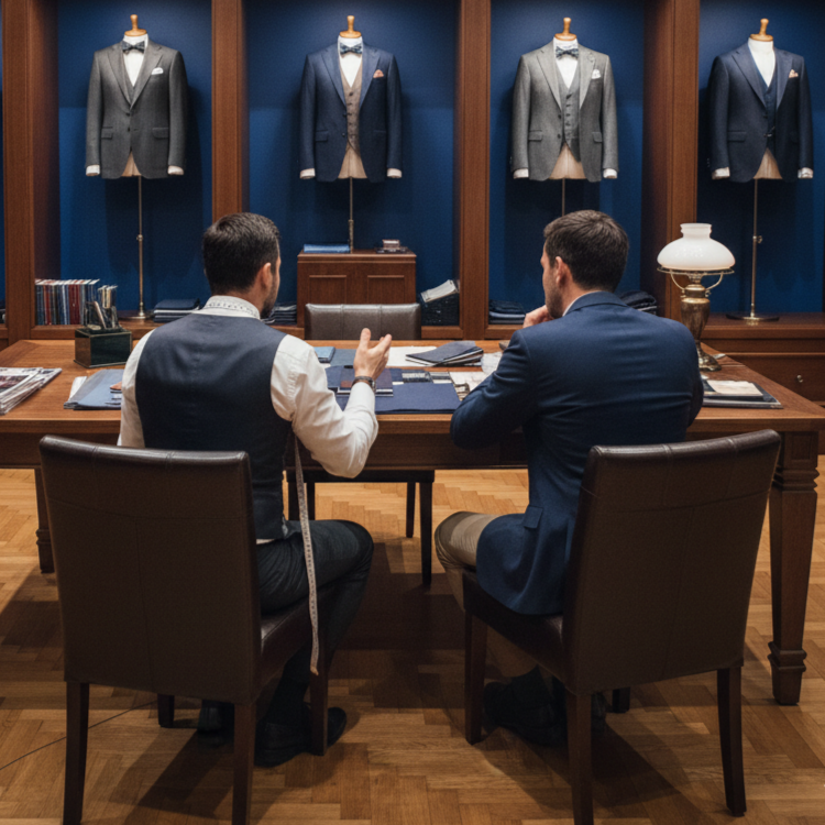 Discuție din showroom dintre un client și un consultant vestimentar pentru un costum la comandă